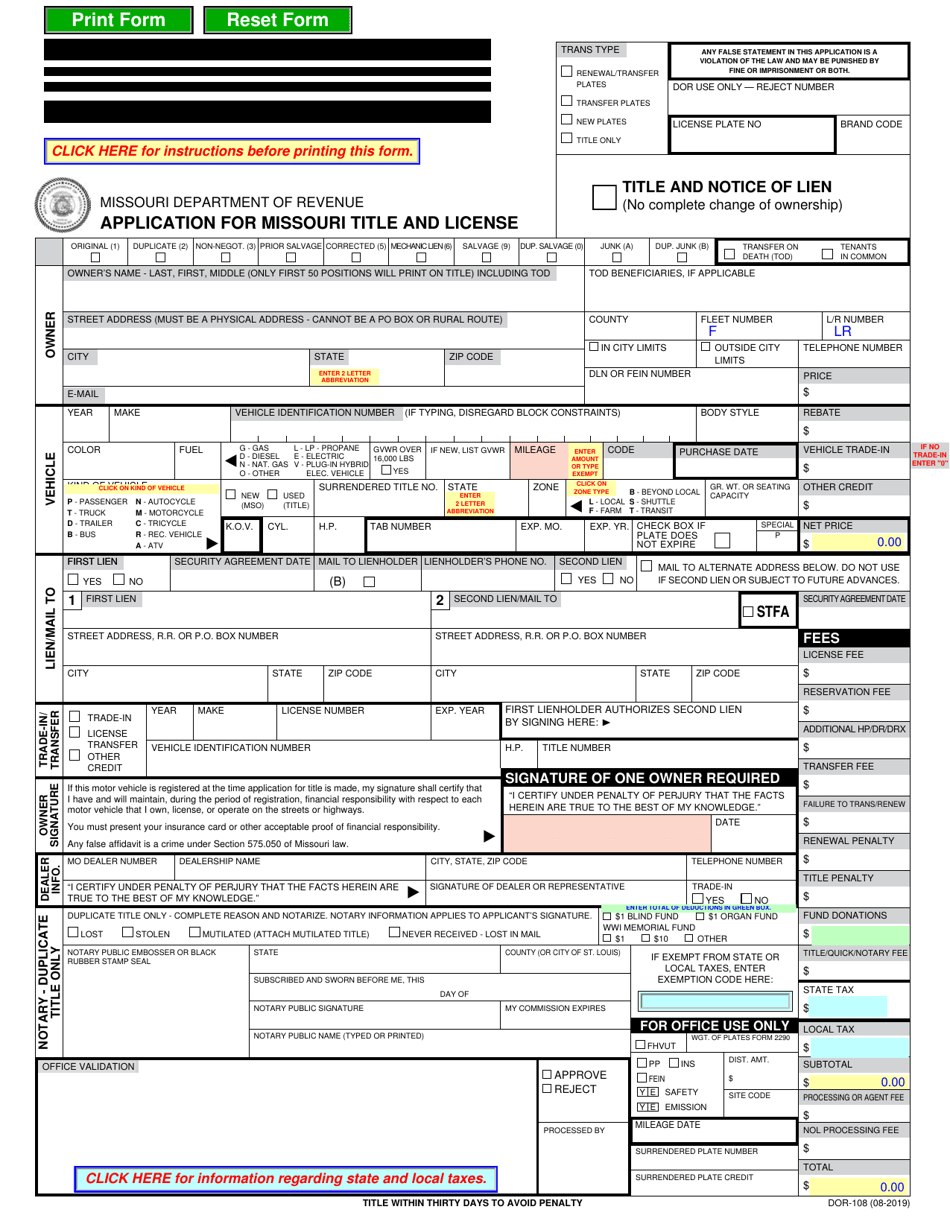Form DOR-108 Application for Missouri Title and License - Missouri, Page 1