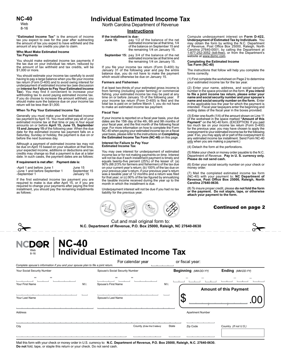 Form NC-40 Individual Estimated Income Tax - North Carolina, Page 1