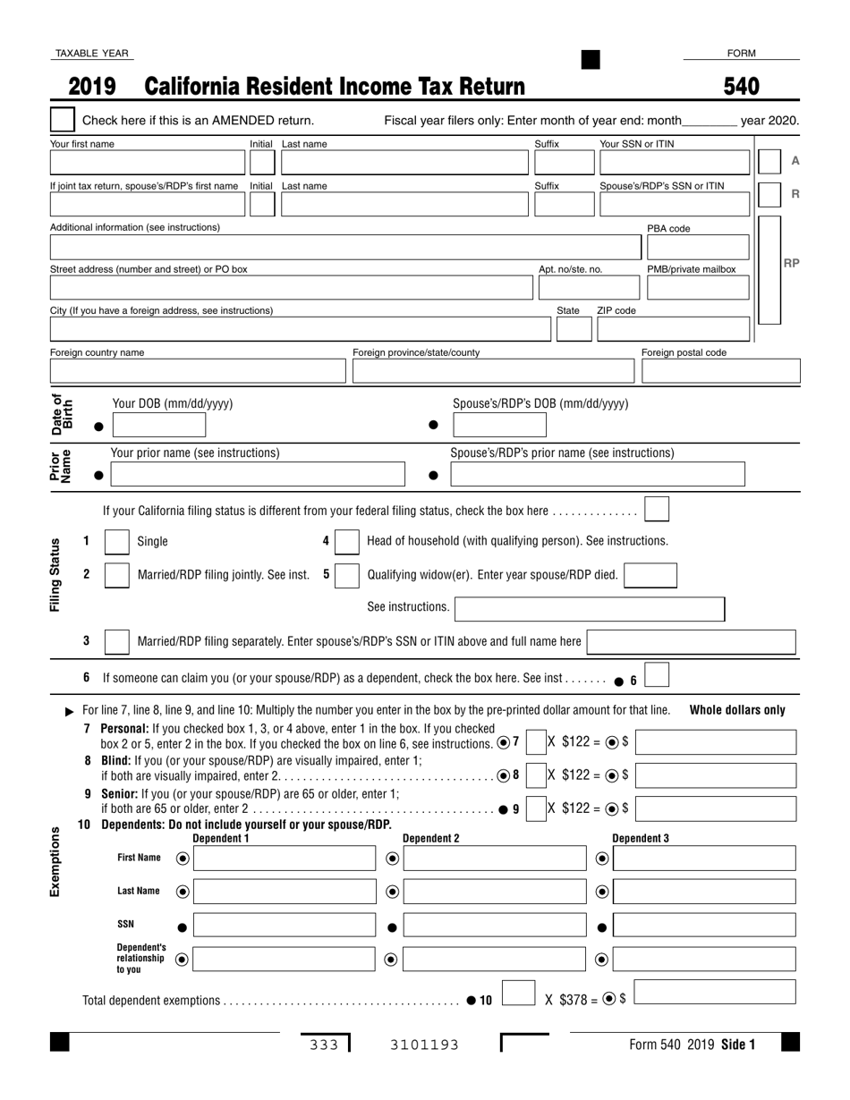 Form 540 California Resident Income Tax Return - California, Page 1