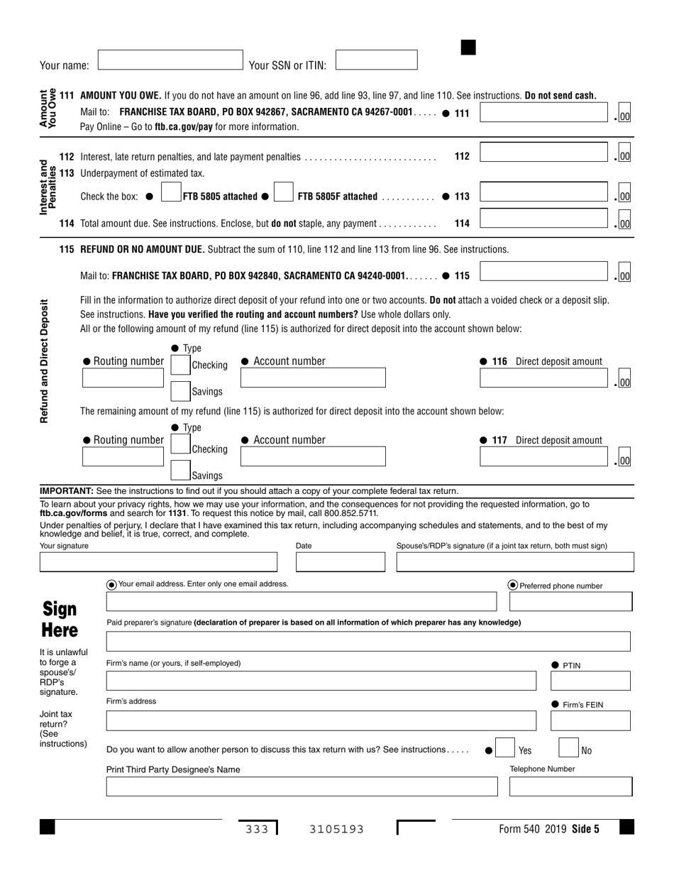 Form 540 California Resident Income Tax Return - California, Page 5