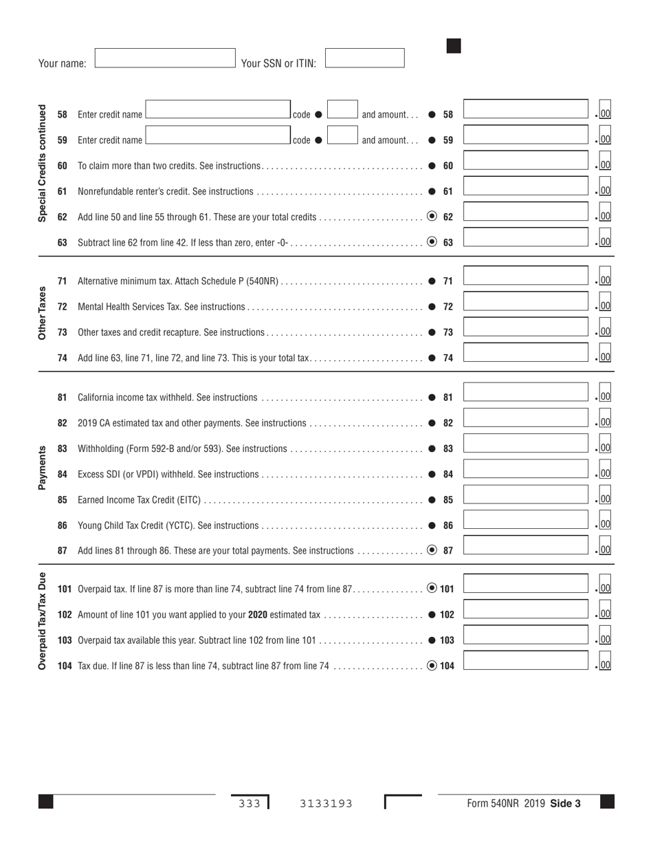 Form 540NR California Nonresident or Part-Year Resident Income Tax Return - California, Page 3