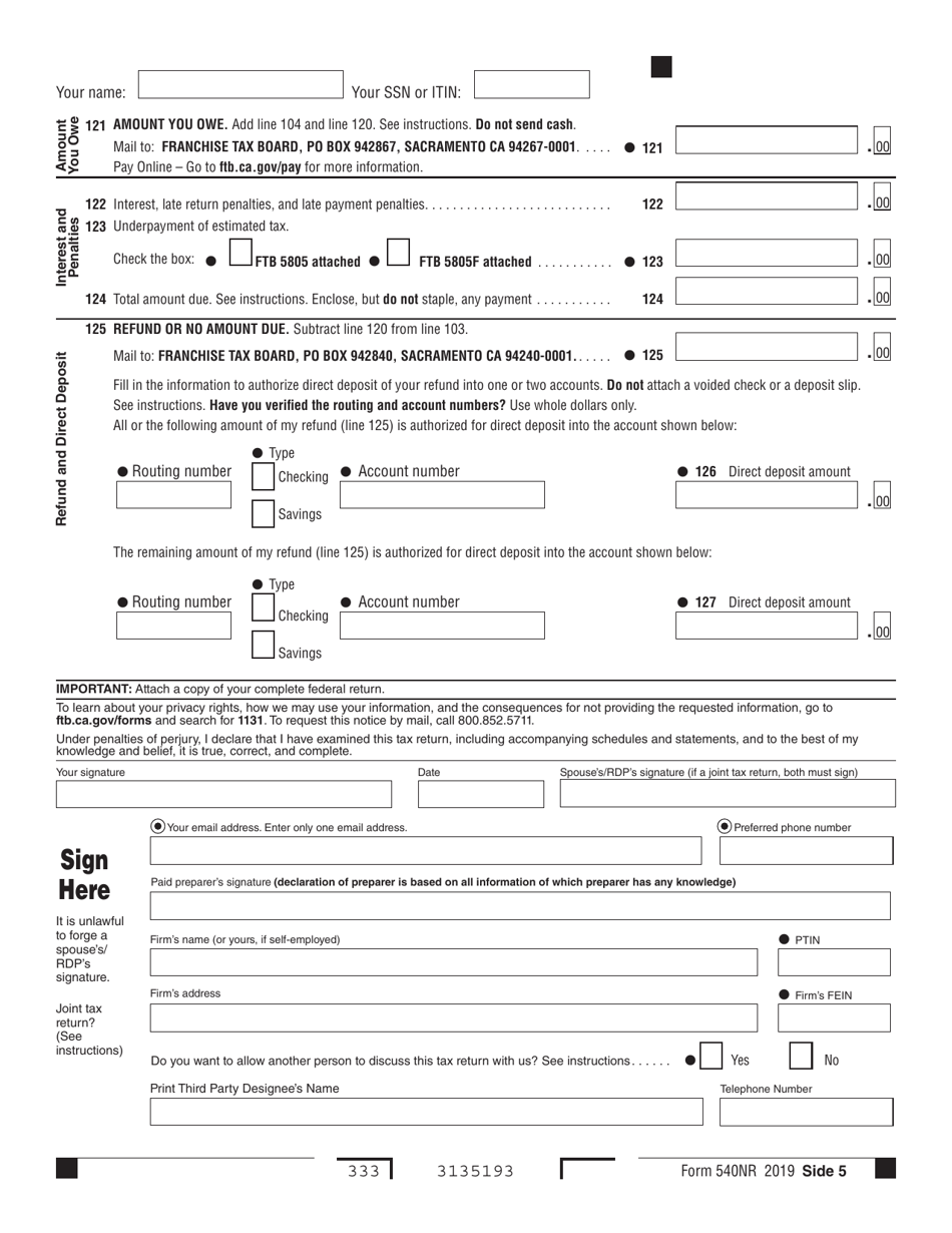 Form 540NR - 2019 - Fill Out, Sign Online And Download Printable PDF ...