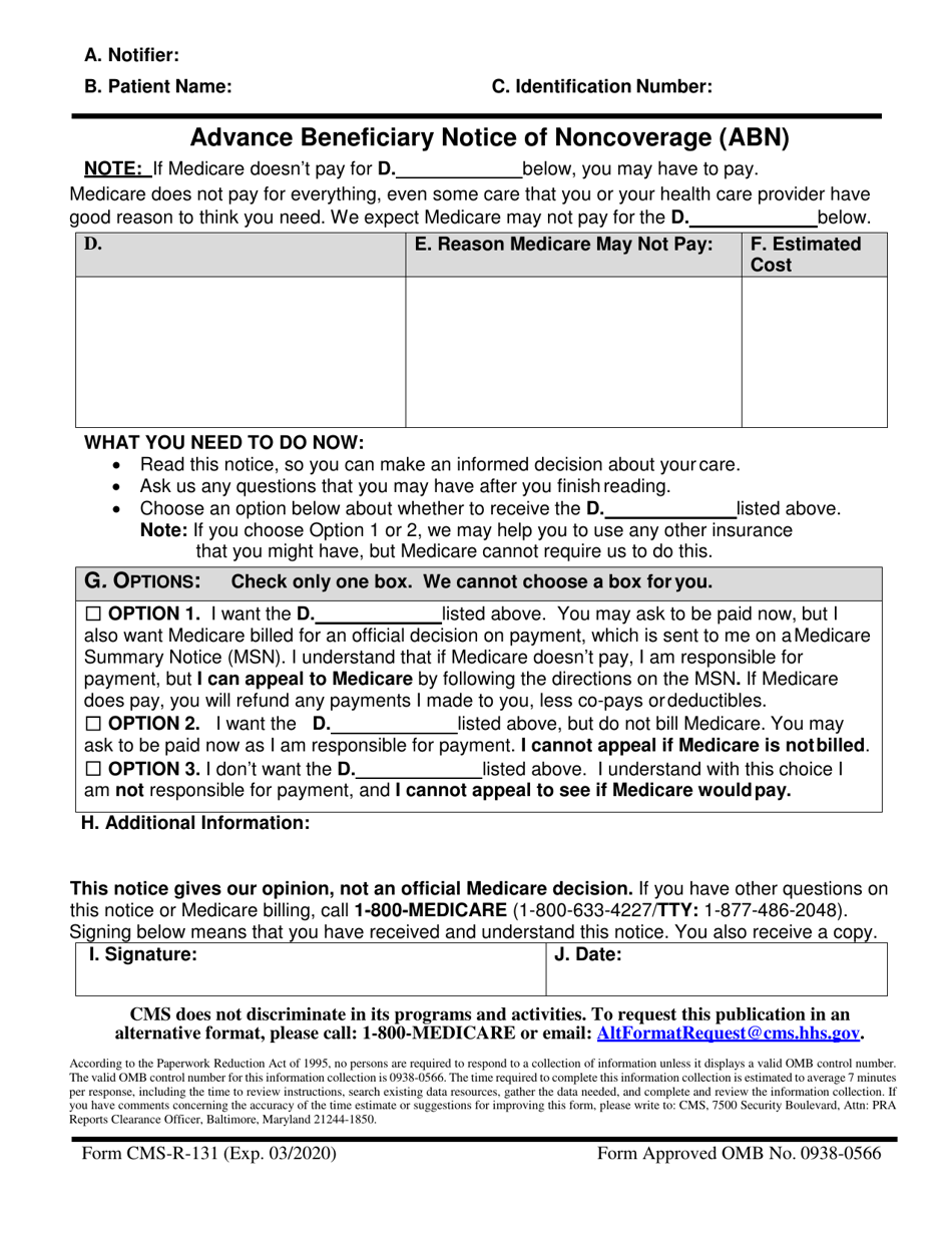 Form CMS-R-131 Advance Beneficiary Notice of Noncoverage (Abn), Page 1