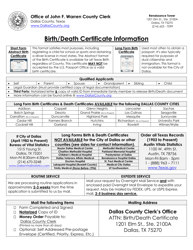 Document preview: Form VS-142.3(A) Birth/Death Certificate Information - Dallas County, Texas
