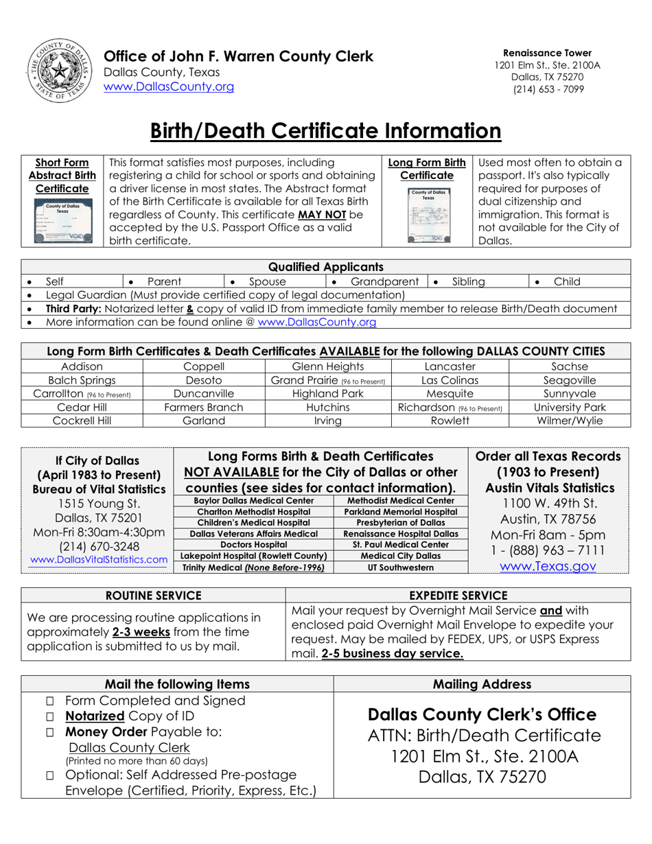Form VS-142.3(A) Birth / Death Certificate Information - Dallas County, Texas, Page 1