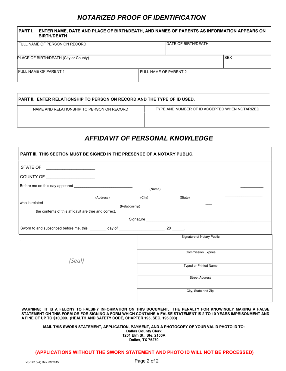 Form VS-142.3(A) Birth / Death Certificate Information - Dallas County, Texas, Page 2