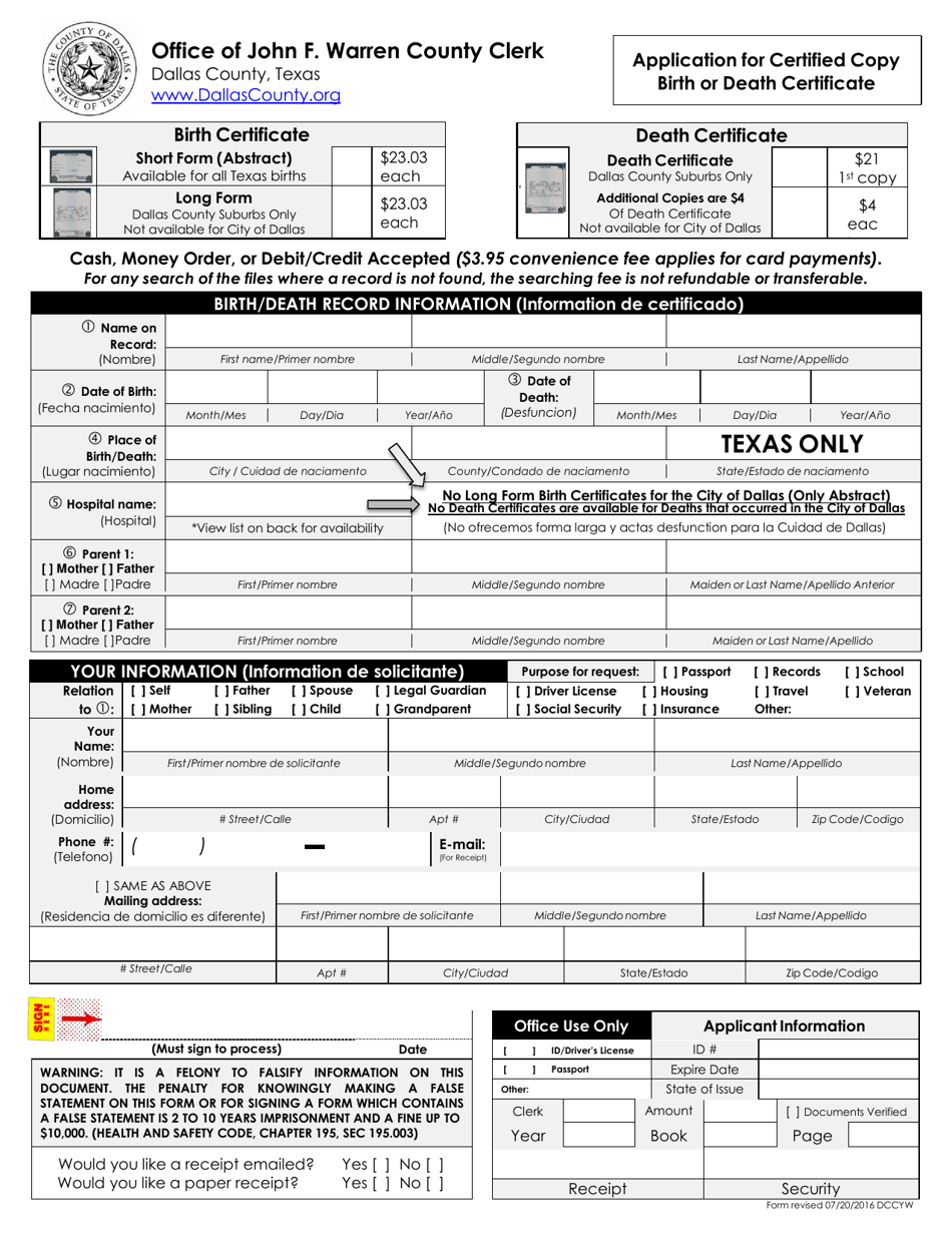 Form VS-142.3(A) Birth / Death Certificate Information - Dallas County, Texas, Page 3