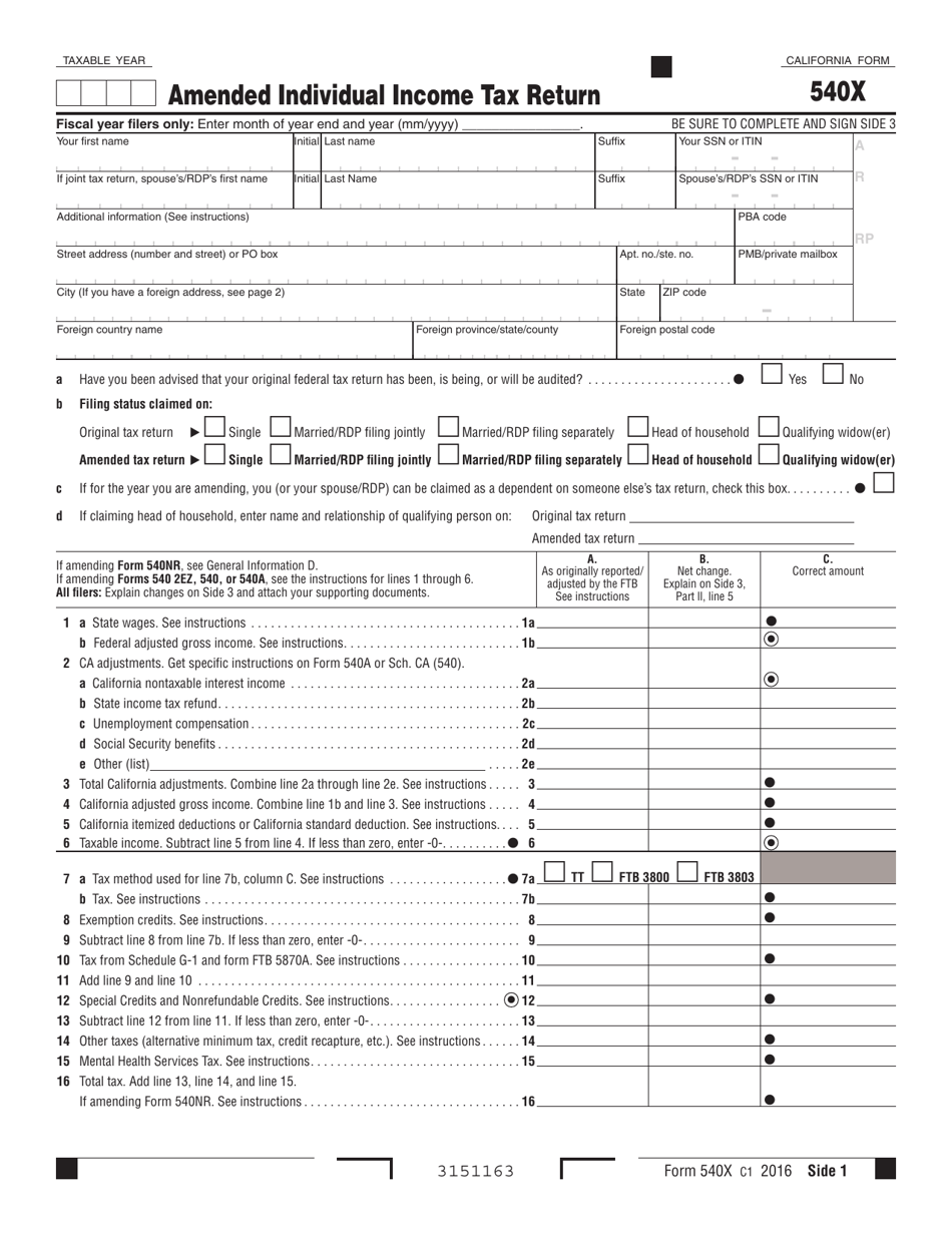 Form 540X Amended Individual Income Tax Return - California, Page 1