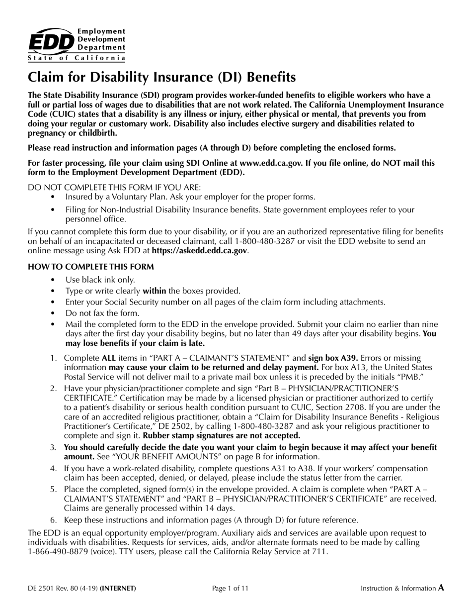 Form DE2501 Claim for Disability Insurance (Di) Benefits - California, Page 1