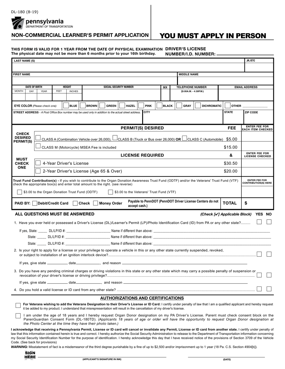 Form DL-180 Non-commercial Learners Permit Application - Pennsylvania, Page 1