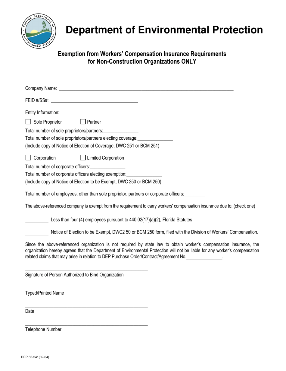 Form DEP55-241 Workers Compensation Exemption Form - Florida, Page 1