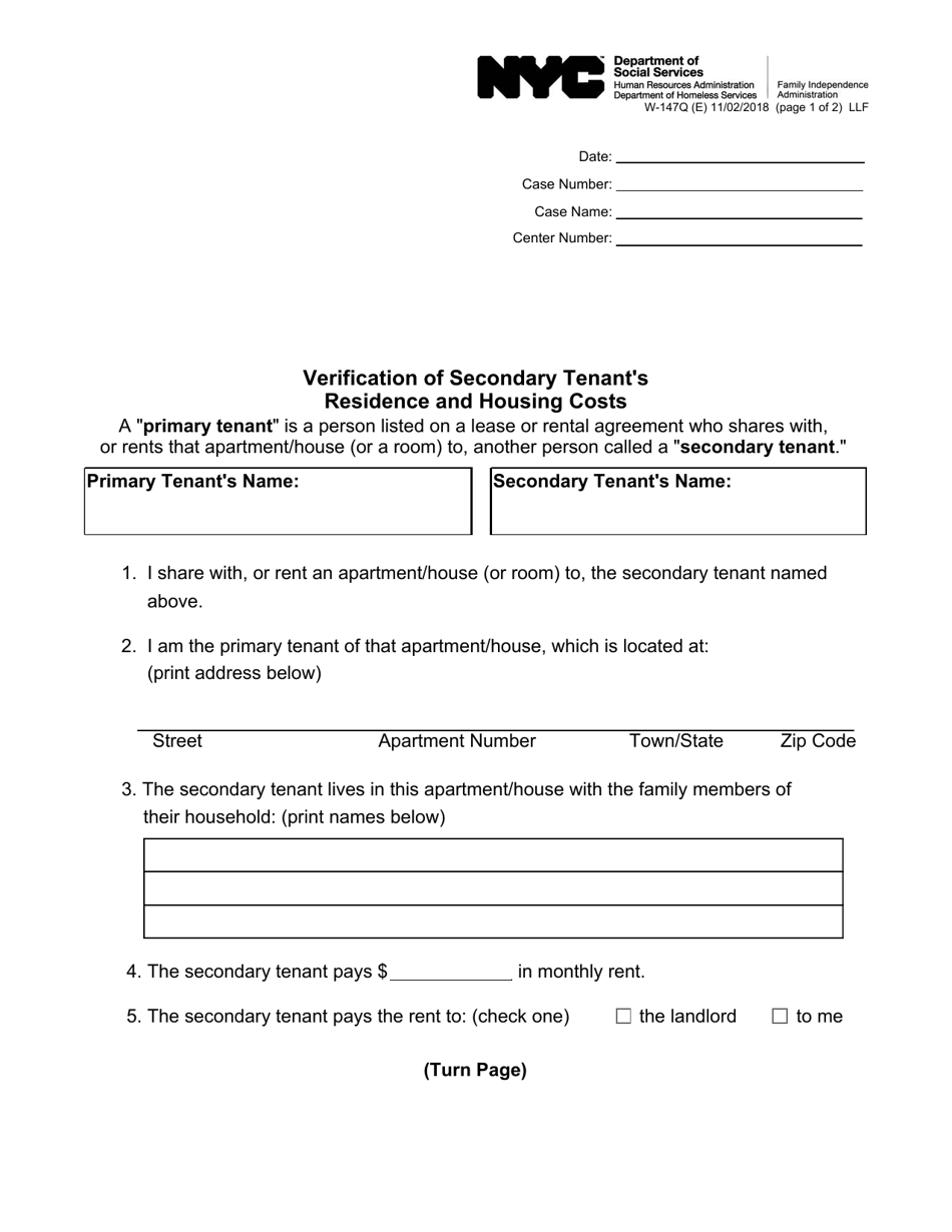 Form W-147Q (E) Verification of Secondary Tenants Residence and Housing Costs - New York City, Page 1
