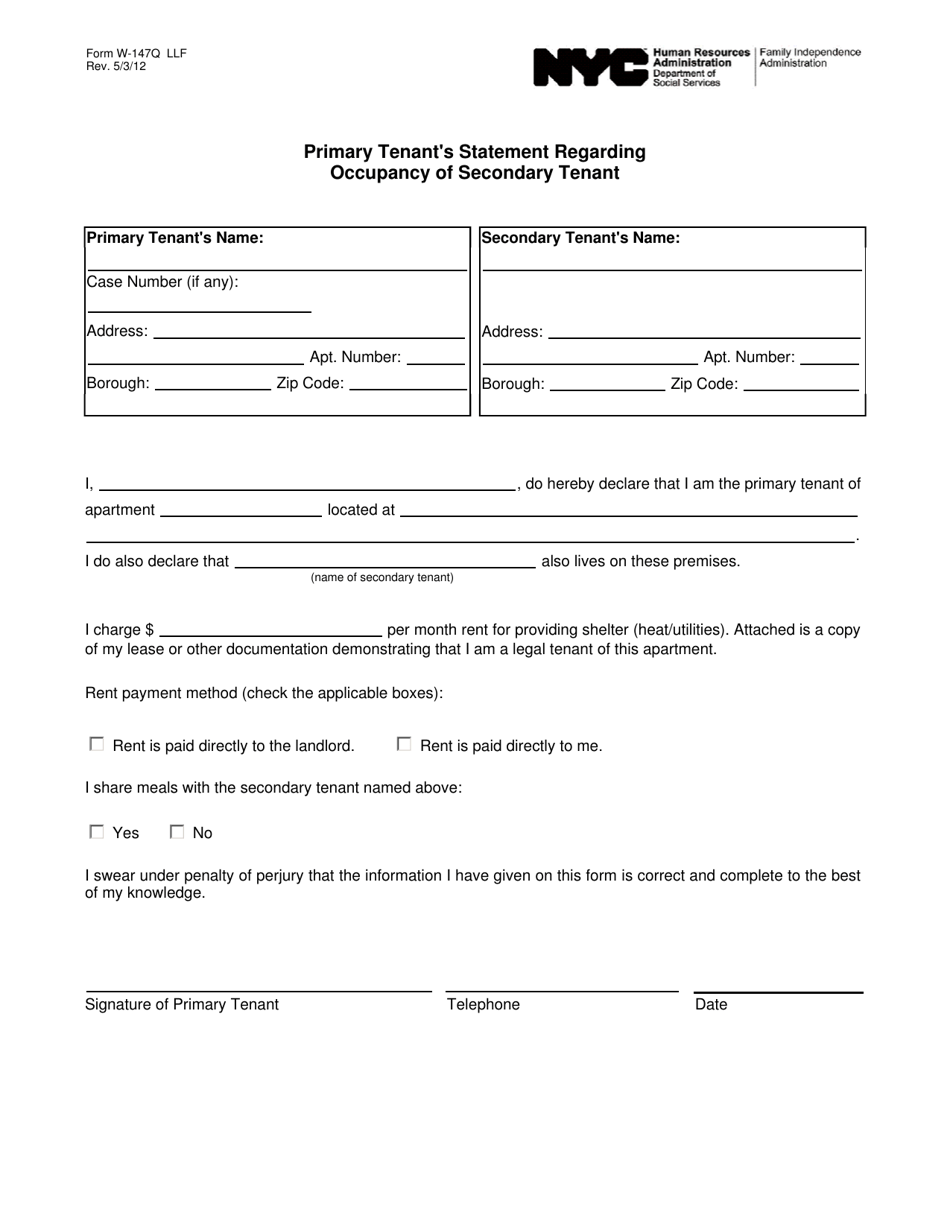 Form W-147Q Primary Tenants Statement Regarding Occupancy of Secondary Tenant - New York City, Page 1