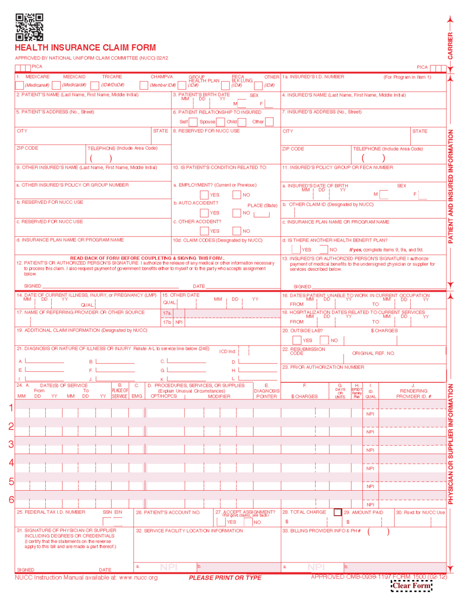 Form 1500 Health Insurance Claim Form, Page 1