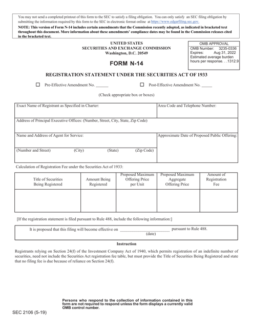 SEC Form 2106 (N-14)  Printable Pdf