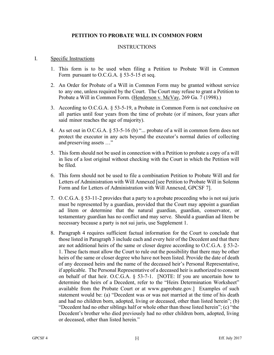Form GPCSF4 Petition to Probate Will in Common Form - Georgia (United States), Page 1