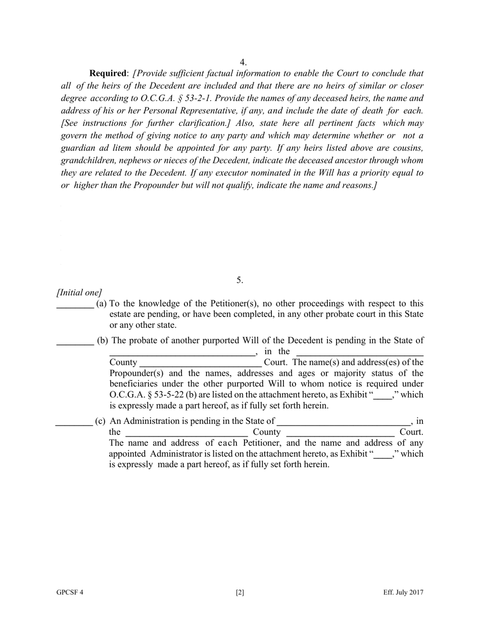Form GPCSF4 Petition to Probate Will in Common Form - Georgia (United States), Page 4
