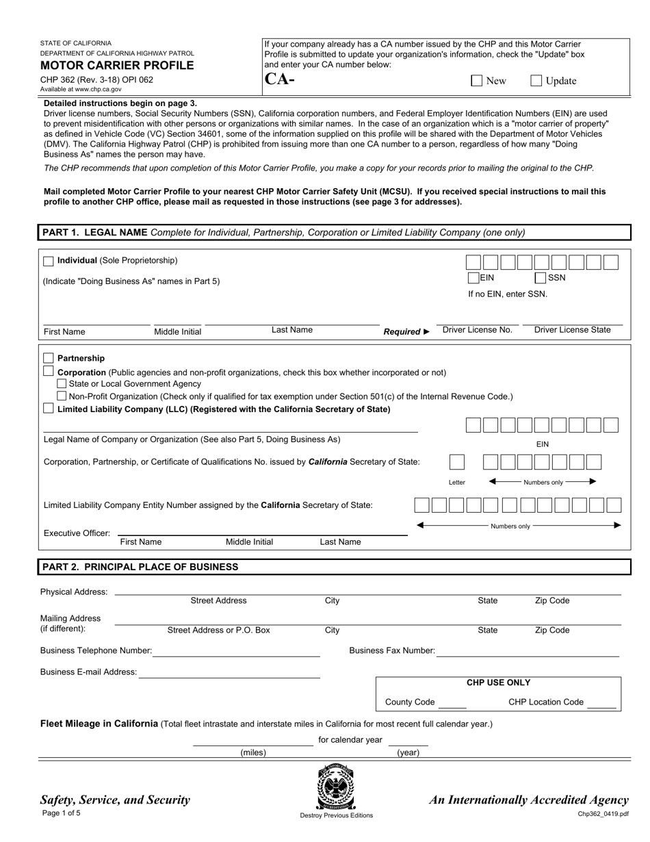 Form CHP362 Motor Carrier Profile - California, Page 1
