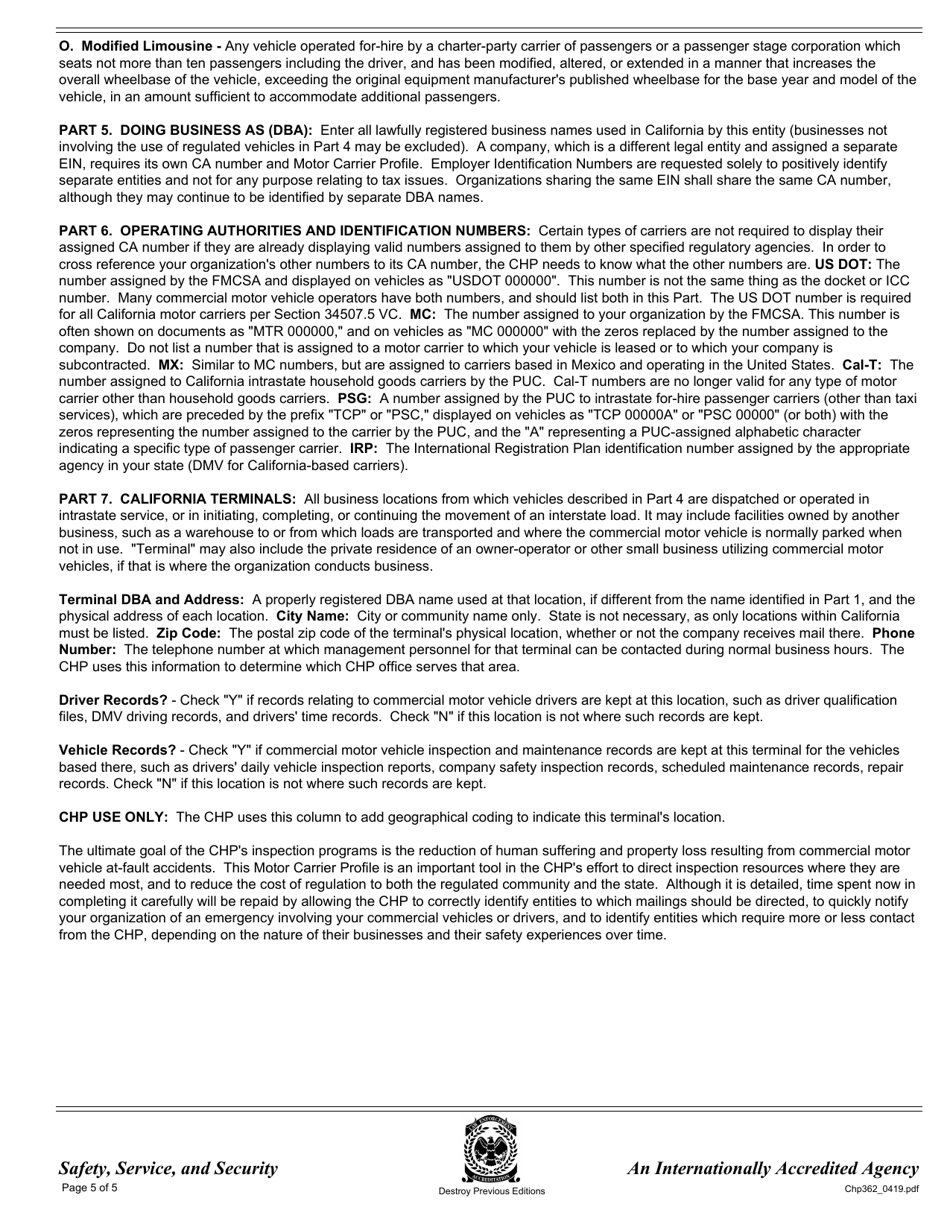 Form CHP362 Motor Carrier Profile - California, Page 5