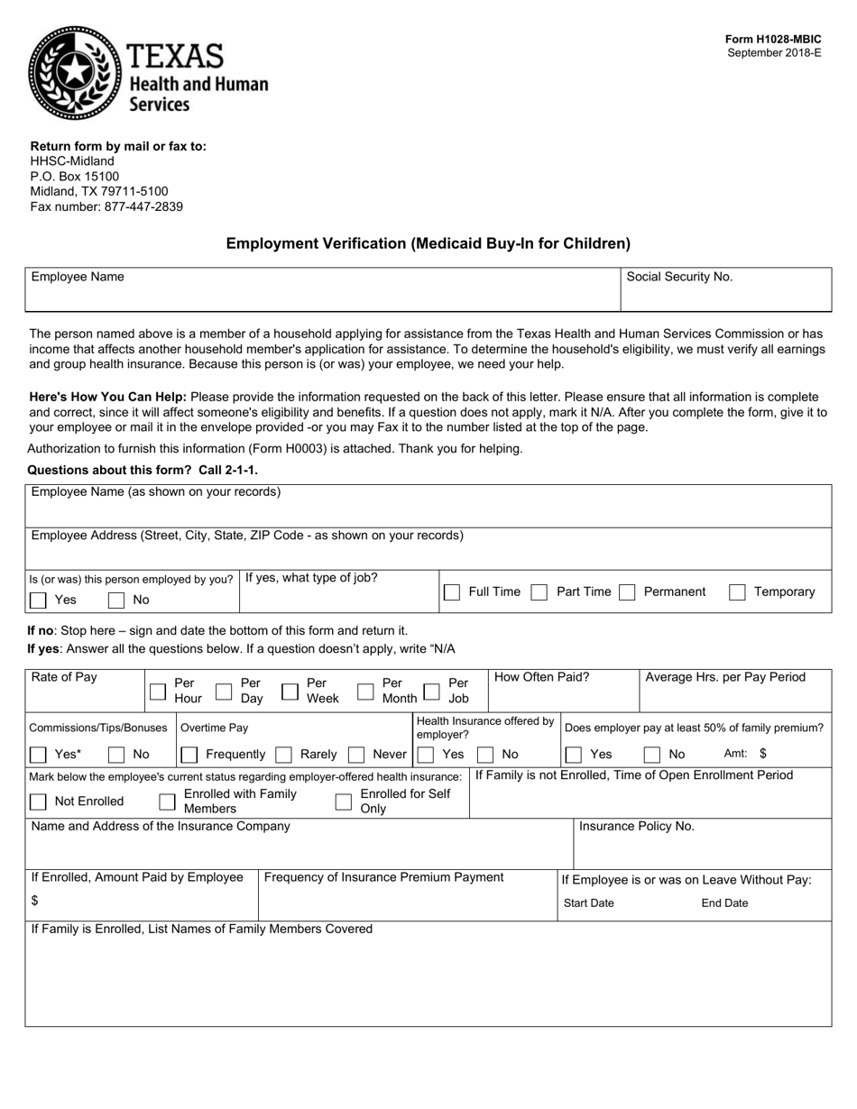 Form H1028-MBIC Employment Verification (Medicaid Buy-In for Children) - Texas, Page 1