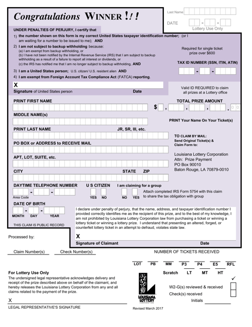 Louisiana Louisiana Lottery Corporation Winner Claim Form Download Printable PDF | Templateroller