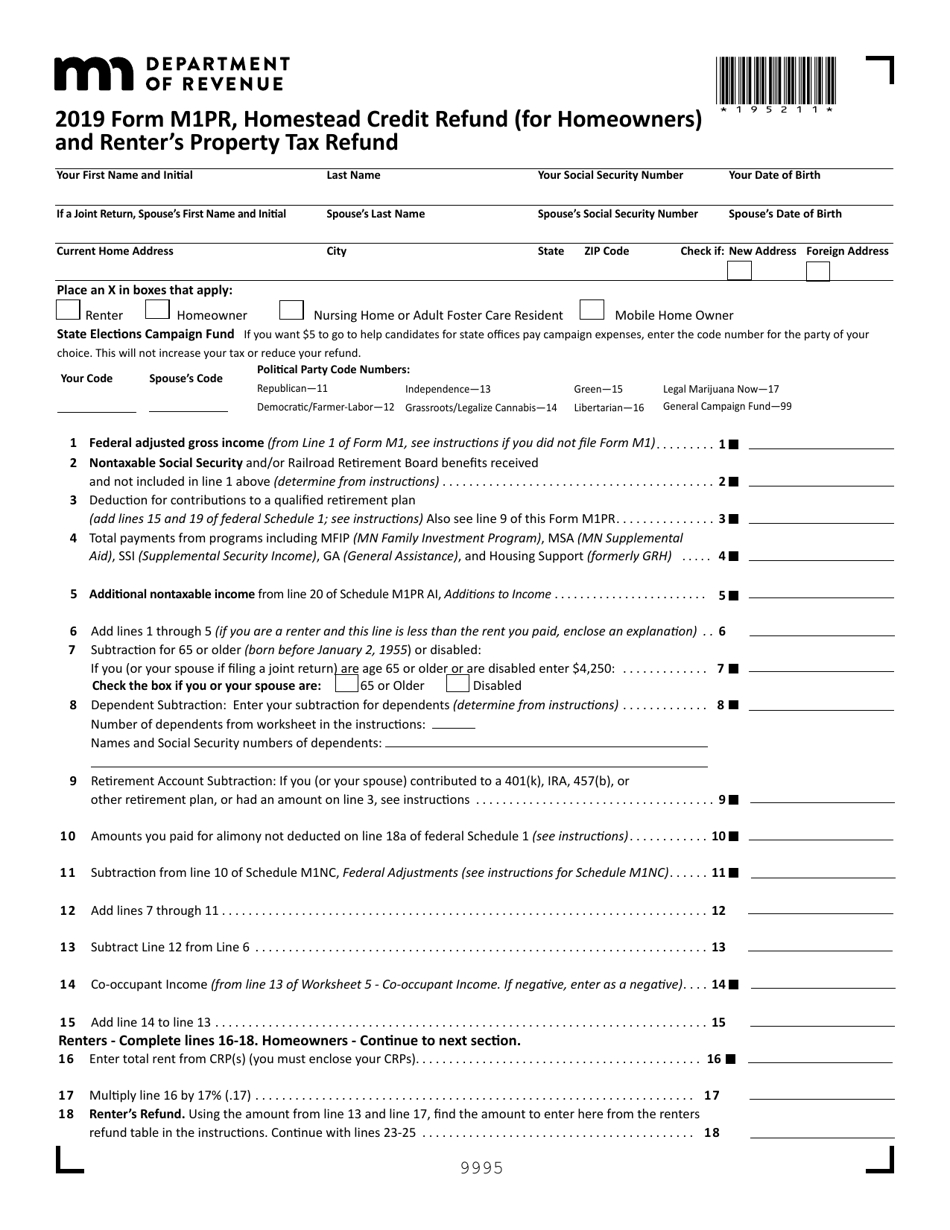 Form M1PR Homestead Credit Refund (For Homeowners) and Renters Property Tax Refund - Minnesota, Page 1