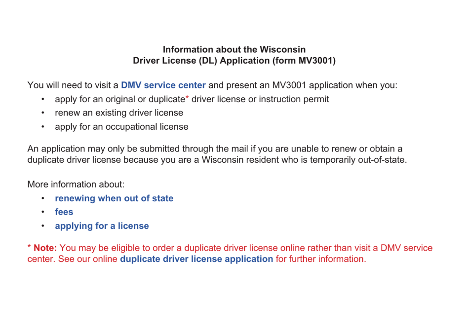 Form MV3001 Wisconsin Driver License (Dl) Application - Wisconsin, Page 1