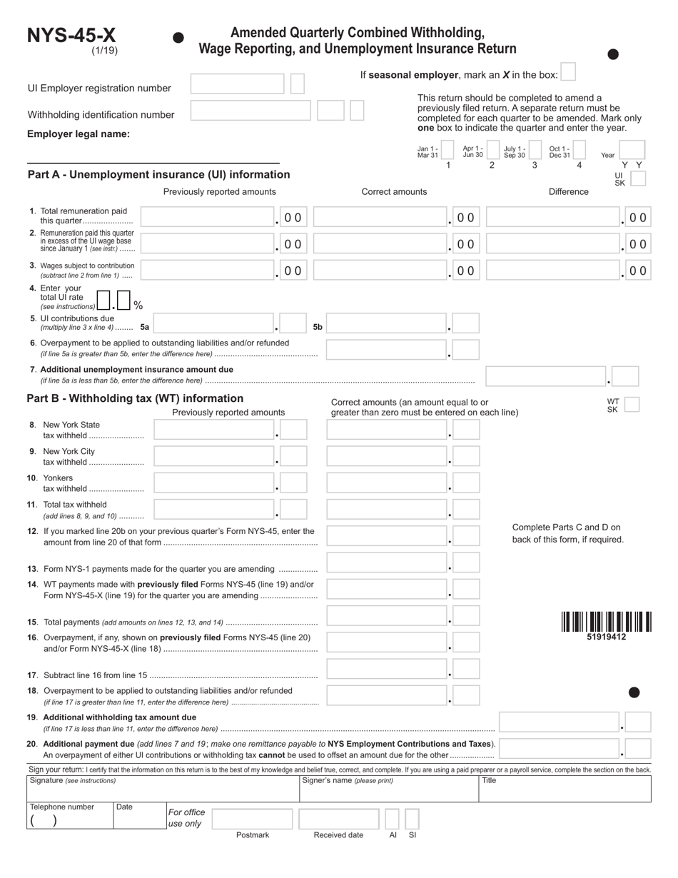 Form NYS-45-X Amended Quarterly Combined Withholding, Wage Reporting, and Unemployment Insurance Return - New York, Page 1