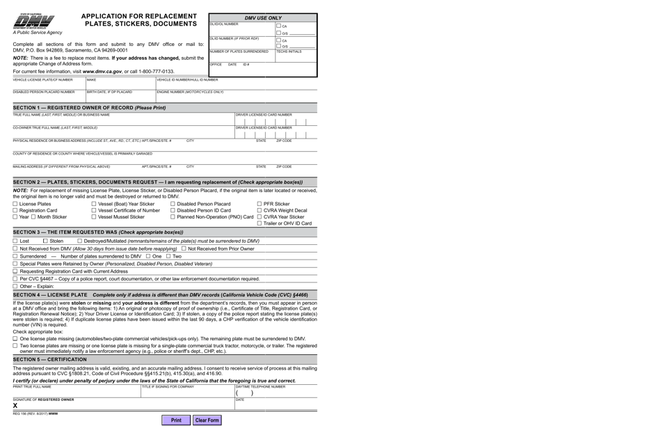 Form REG156 Application for Replacement Plates, Stickers, Documents - California, Page 1
