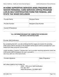 Form SOC2298 In-home Supportive Services (Ihss) Program and Waiver Personal Care Services (Wpcs) Program Live-In Self-certification Form for Federal and State Tax Wage Exclusion - California