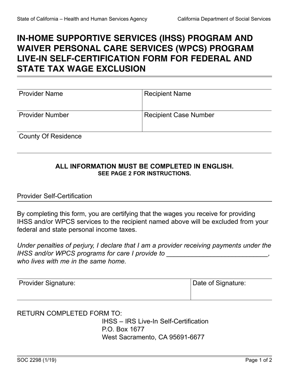Form SOC2298 In-home Supportive Services (Ihss) Program and Waiver Personal Care Services (Wpcs) Program Live-In Self-certification Form for Federal and State Tax Wage Exclusion - California, Page 1