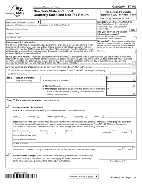 Form ST-100 New York State and Local Quarterly Sales and Use Tax Return - New York