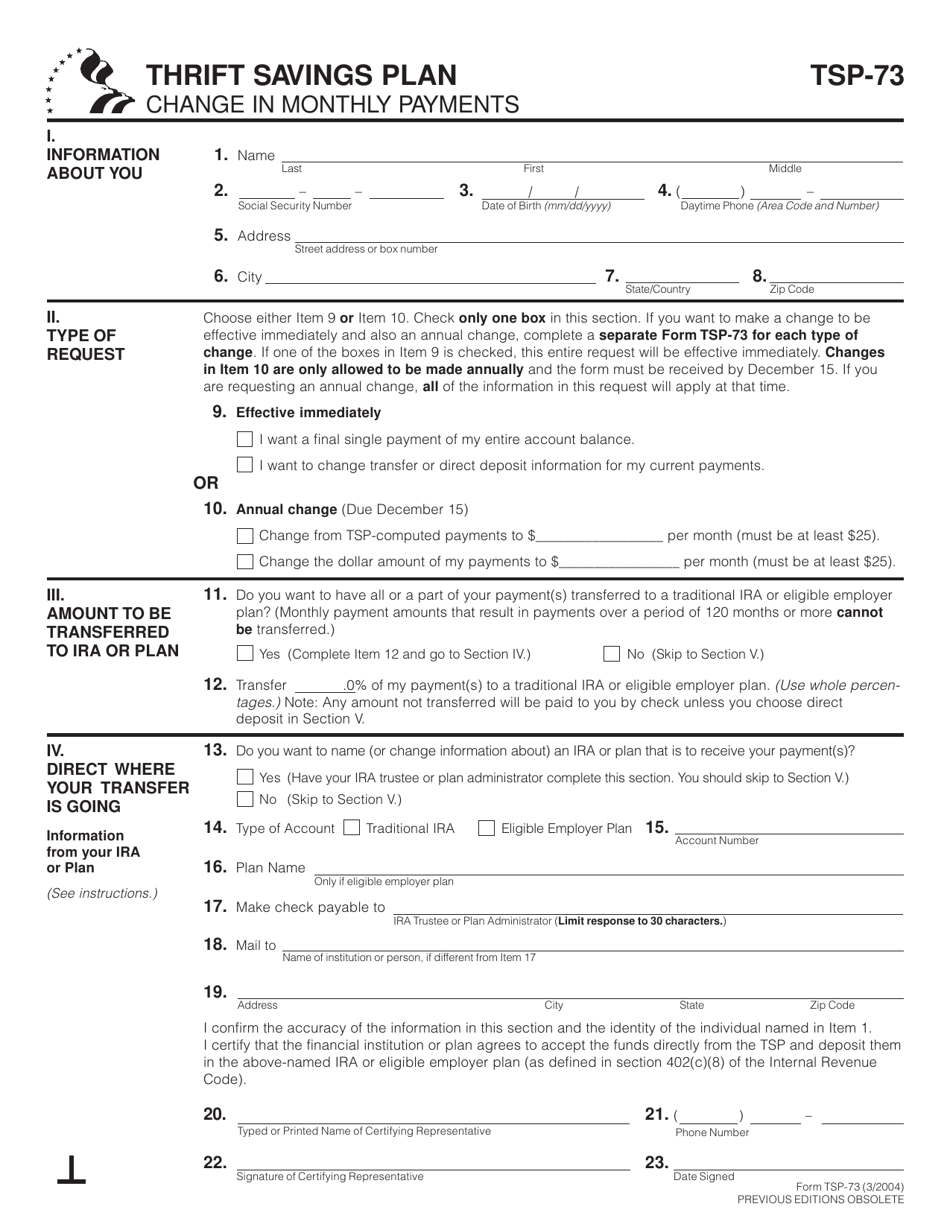 Form TSP-73 Change in Monthly Payments (Civilian), Page 1
