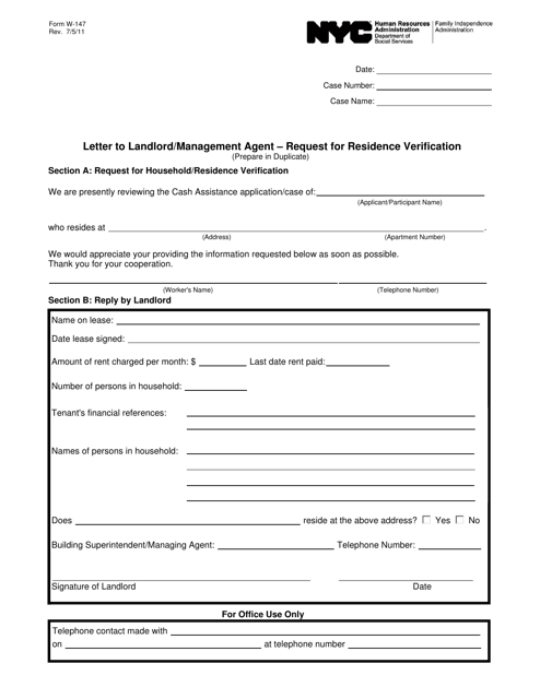 Form W-147 Letter to Landlord/Management Agent " Request for Residence Verification - New York City