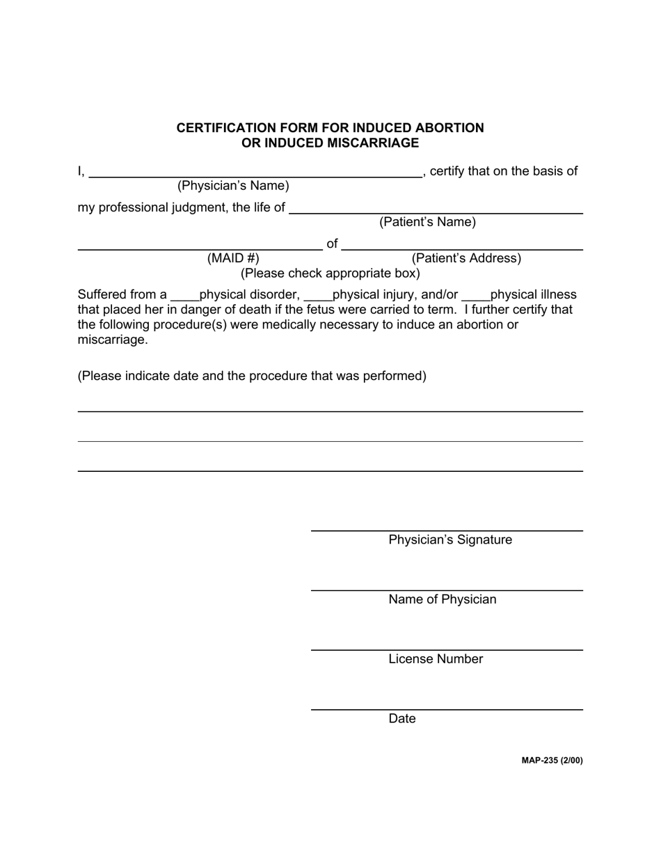 Form MAP-235 Certification Form for Induced Abortion or Induced Miscarriage - Kentucky, Page 1