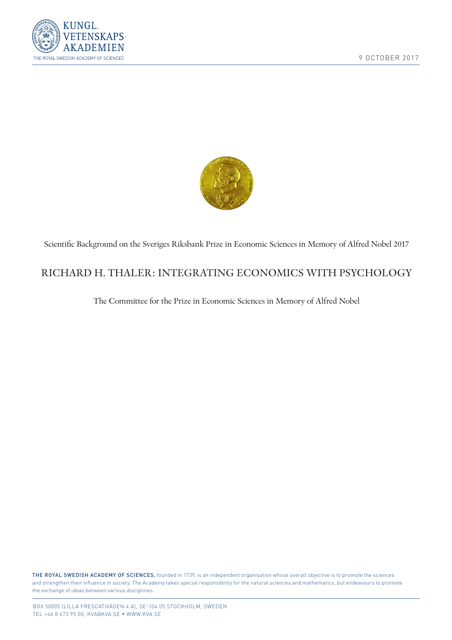 Integrating Economics With Psychology - Richard H. Thaler, the Royal Swedish Academy of Sciences - Sweden Download Pdf