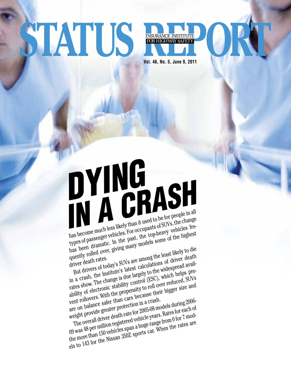 Iihs Status Report Newsletter, Vol. 46, No. 5, June 9, 2011: Dying in a Crash, Page 1