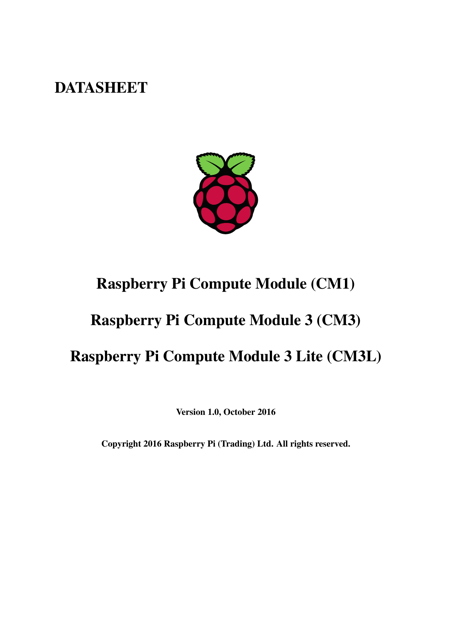 Preview of Datasheet for Raspberry Pi Compute Module (Cm1), Compute Module 3 (Cm3), and Compute Module 3 Lite (Cm3l)