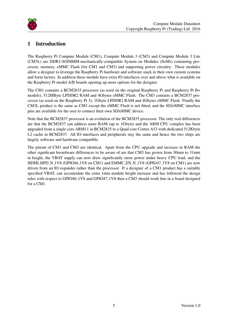 Datasheet Raspberry Pi Compute Module (Cm1), Compute Module 3 (Cm3) and Compute Module 3 Lite (Cm3l), Page 6