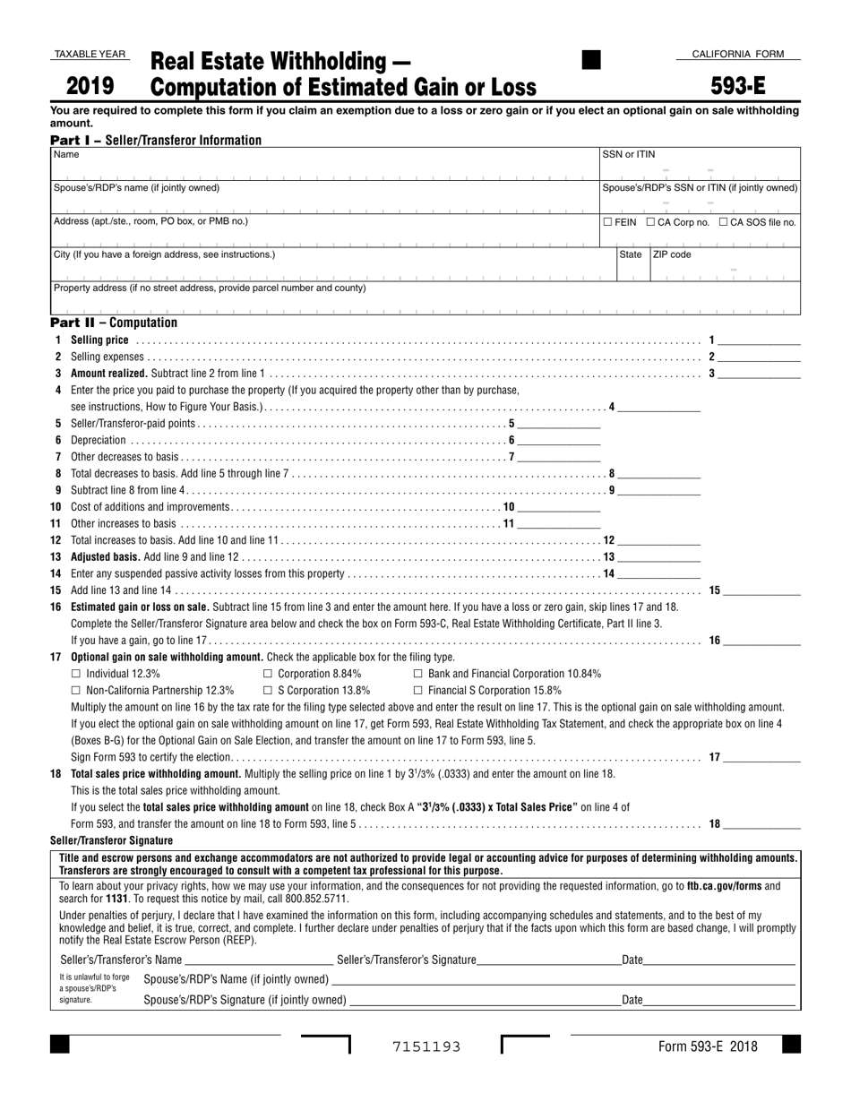 Form 593-E Real Estate Withholding - Computation of Estimated Gain or Loss - California, Page 1