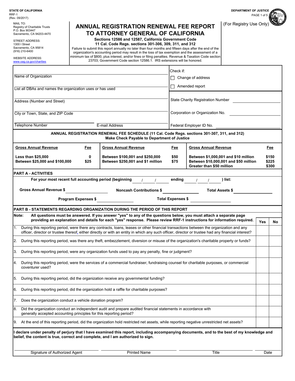 Form RRF-1 Annual Registration Renewal Fee Report to Attorney General of California - California, Page 1