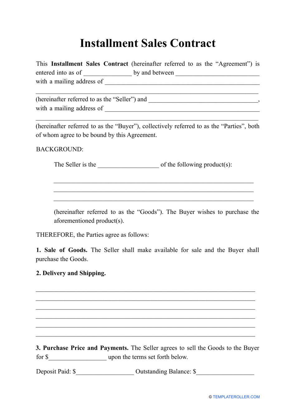 Installment Sales Contract Template Download Printable PDF Regarding financial payment plan agreement template