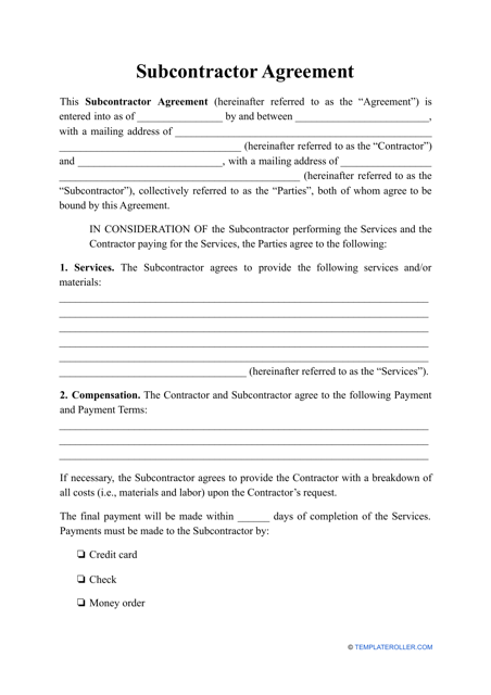 "Subcontractor Agreement Template" Download Pdf