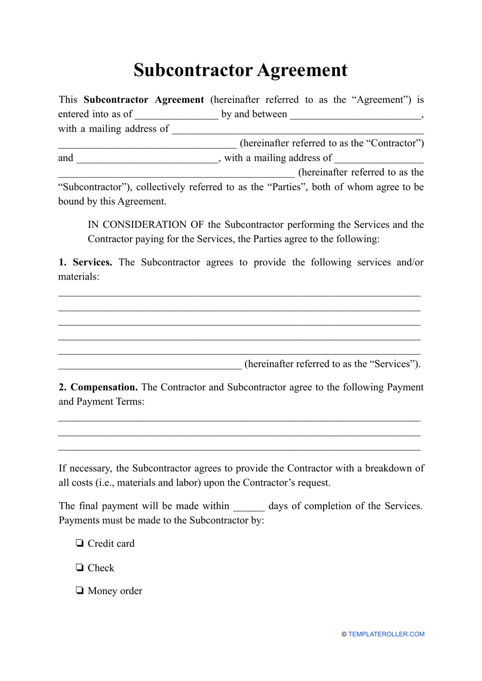 Subcontract Agreement Template Word