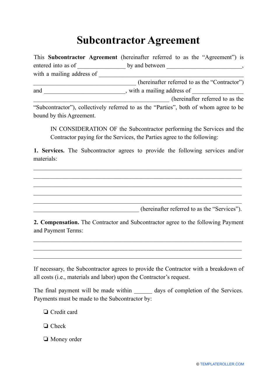 Subcontractor Agreement Template Fill Out Sign Online And Download 