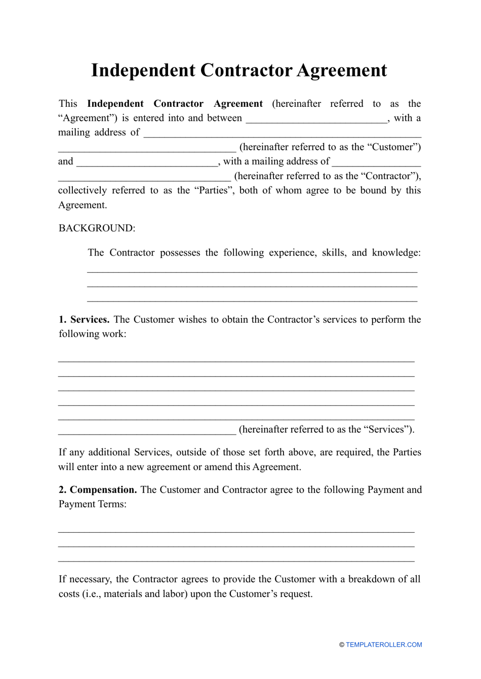 Independent Contractor Agreement Template Download Printable Pdf Templateroller