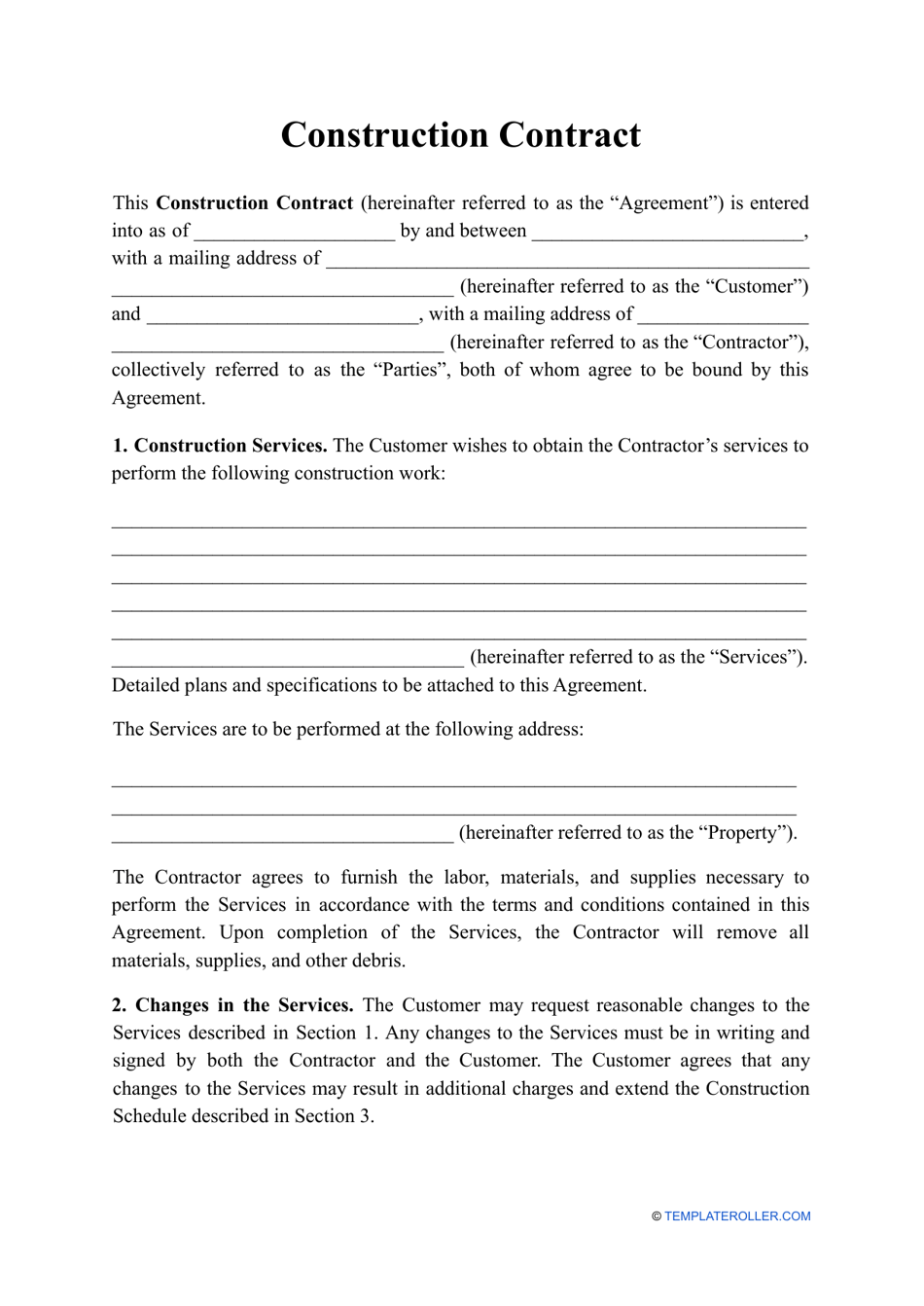Construction Contract Template Download Printable PDF Templateroller