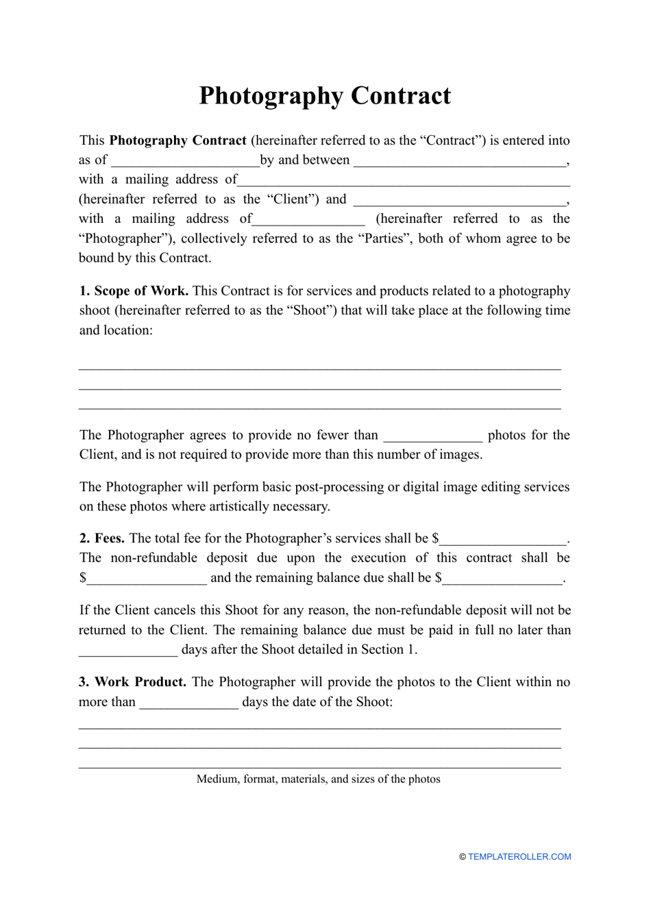 Photography Contract Template Download Printable PDF  Templateroller Regarding wedding photography terms and conditions template