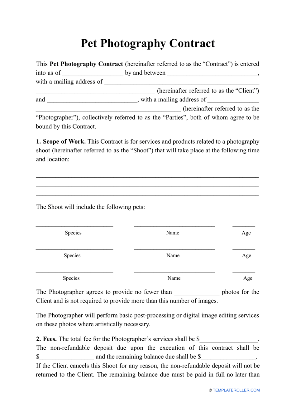 Pet Photography Contract Template, Page 1