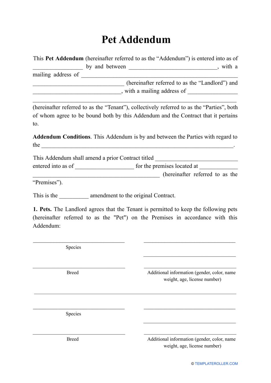 Pet Addendum Template Download Printable PDF  Templateroller Pertaining To pet addendum to lease agreement template